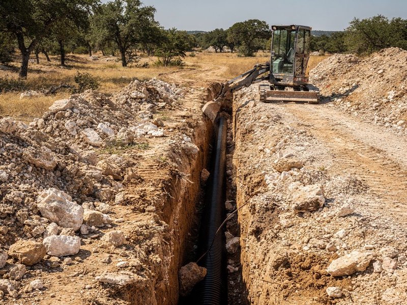Drainage trench cut through DFW clay soil in Fort Worth, TX